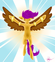 Size: 2700x3000 | Tagged: safe, artist:violyre, imported from derpibooru, scootaloo, pony, abstract background, attachment, belly button, eyes closed, fake wings, female, high res, icarus, scootaloo can fly, solo, this will end in death, wings