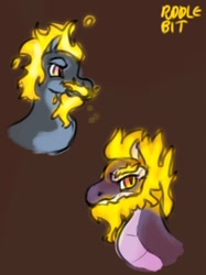 Size: 568x758 | Tagged: safe, artist:puddle bit, imported from derpibooru, dragon, hybrid, longma, them's fightin' herds, beard, community related, facial hair, fire, goatee, mane of fire, moustache, simple background, tfh oc