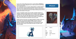 Size: 1586x815 | Tagged: safe, artist:lummh, artist:ternonadime, imported from derpibooru, oc, oc only, oc:whiplash, pony, comic:the lost sun, magicorn, reference sheet, solo, solo focus, text, wiki