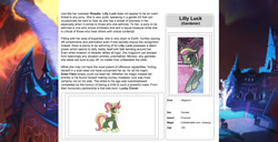 Size: 1586x815 | Tagged: safe, artist:lummh, artist:ternonadime, imported from derpibooru, oc, oc only, oc:lilly luck, pony, comic:the lost sun, magicorn, reference sheet, solo, solo focus, text, wiki