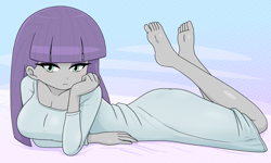 Size: 2104x1265 | Tagged: safe, alternate version, artist:batipin, imported from derpibooru, part of a set, maud pie, human, equestria girls, barefoot, breasts, busty maud pie, cleavage, clothes, feet, feet in the air, female, looking at you, lying down, nightgown, pajamas, prone, solo, the pose