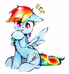 Size: 2335x2511 | Tagged: safe, artist:liaaqila, imported from derpibooru, rainbow dash, pegasus, pony, :p, behaving like a cat, caught, cute, dashabetes, emanata, eye clipping through hair, female, grooming, hoof licking, liaaqila is trying to murder us, liaaqila is trying to murder us with dashabetes, licking, looking at you, mare, no eyebrows, simple background, sitting, solo, spread wings, tongue out, traditional art, white background, wide eyes, wings