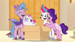 Size: 3410x1920 | Tagged: safe, imported from derpibooru, screencap, pipp petals, queen haven, zipp storm, dog, pegasus, pomeranian, pony, spoiler:g5, spoiler:my little pony: tell your tale, spoiler:tyts01e26, bipedal, box, cloudpuff, eyes closed, female, flying pomeranian, g5, high res, mare, my little pony: tell your tale, open mouth, open smile, puphunt, royal sisters (g5), siblings, sisters, smiling, winged dog, youtube link