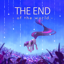 Size: 1400x1400 | Tagged: safe, artist:xellaya, imported from derpibooru, twilight sparkle, pony, unicorn, album cover, eyes closed, floating, flower, flower field, lavender, long tail, shooting star, solo, tail, unicorn twilight, windswept tail