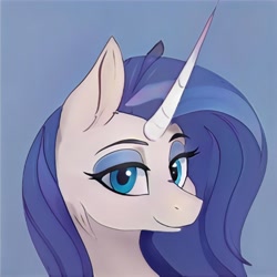 Size: 1024x1024 | Tagged: safe, imported from derpibooru, pony, unicorn, ai content, ai generated, blue background, blue eyes, blue mane, female, generator:thisponydoesnotexist, looking at you, mare, not rarity, simple background, smiling, smiling at you, solo