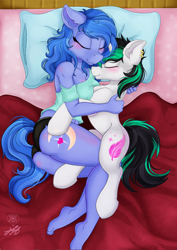 Size: 1766x2500 | Tagged: safe, artist:stainedglasslighthea, imported from derpibooru, oc, oc only, oc:shadow blue, oc:sil feather, anthro, earth pony, pony, unicorn, anthro with ponies, bed, blanket, blushing, chest fluff, clothes, cuddling, cute, duo, eyes closed, female, fluffy, happy, hug, husband and wife, in love, interspecies, lying, lying down, lying on bed, male, oc x oc, on bed, panties, pillow, romantic, shipping, simple background, sleeping, smiling, snuggling, socks, stallion, straight, tanktop, thigh highs, underwear, wall of tags, weapons-grade cute, wings