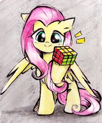 Size: 1995x2409 | Tagged: safe, artist:liaaqila, imported from derpibooru, fluttershy, pegasus, pony, commission, cute, female, hoof hold, looking at you, mare, raised hoof, rubik's cube, shyabetes, smiling, smiling at you, solo, spread wings, traditional art, wings