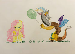 Size: 1280x924 | Tagged: safe, artist:blackwo96777748, imported from derpibooru, discord, fluttershy, draconequus, pegasus, pony, balloon, blushing, cute, duo, duo male and female, female, grass, looking away, male, mare, present, smiling, traditional art