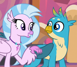 Size: 802x699 | Tagged: safe, imported from derpibooru, screencap, gallus, silverstream, classical hippogriff, griffon, hippogriff, non-compete clause, cropped, cute, diastreamies, duo, female, gallabetes, jewelry, looking at each other, looking at someone, male, necklace