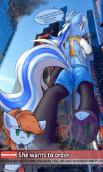 Size: 1556x2600 | Tagged: safe, artist:ravistdash, imported from derpibooru, oc, oc only, oc:morning star, oc:ravist, pegasus, pony, advertisement, bipedal, blue skin, blue sky, building, butt, car, city, clothes, destruction, dock, duo, female, fetish, frog (hoof), giant pony, giantess, he wants to order, irl, jacket, livestream, looking at something, looking at you, macro, meme, multicolored hair, news, news report, orange hair, outfit, pants, pegasus oc, photo, plot, ponytail, smiling, speech bubble, stockings, tail, thigh highs, underhoof