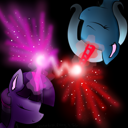 Size: 2000x2000 | Tagged: safe, artist:meotashie, imported from derpibooru, trixie, twilight sparkle, pony, unicorn, duo, eyes closed, female, glowing, glowing horn, horn, magic