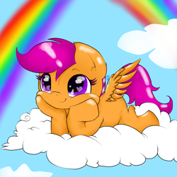 Size: 2000x2000 | Tagged: safe, artist:meotashie, imported from derpibooru, scootaloo, pegasus, pony, cloud, cute, cutealoo, daaaaaaaaaaaw, female, filly, foal, heart, heart eyes, rainbow, smiling, solo, spread wings, wingding eyes, wings