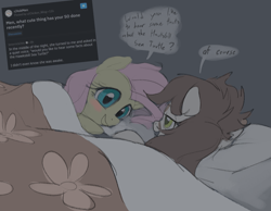 Size: 1213x940 | Tagged: safe, artist:dotkwa, imported from derpibooru, fluttershy, oc, oc:deary dots, earth pony, pegasus, pony, bed, blushing, canon x oc, cute, dialogue, female, in bed, lesbian, looking at each other, looking at someone, mare, reddit, shipping, shyabetes, speech bubble