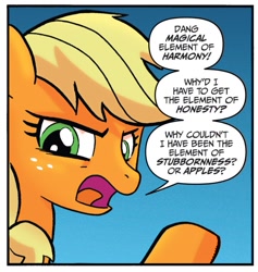 Size: 750x792 | Tagged: safe, artist:tonyfleecs, idw, imported from derpibooru, applejack, earth pony, pony, friends forever, spoiler:comic, apple, dialogue, female, mare, solo, that pony sure does love apples