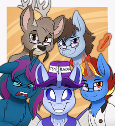 Size: 2900x3190 | Tagged: safe, artist:kaylerustone, imported from derpibooru, oc, oc only, oc:calor the changeling, oc:pathfindercs, alicorn, changedling, changeling, deer, earth pony, pony, changedling oc, changeling oc, commissioner:navelcolt, glasses, hat, looking at you, open mouth, pen, smiling, spread wings, wings