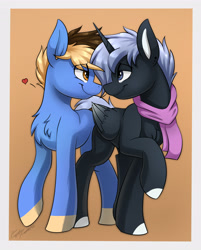 Size: 2900x3600 | Tagged: safe, artist:kaylerustone, imported from derpibooru, oc, oc only, alicorn, earth pony, pony, alicorn oc, boop, chest fluff, clothes, duo, duo male, eye clipping through hair, eye contact, eyebrows, eyebrows visible through hair, feathered wings, floating heart, folded wings, gay, heart, high res, horn, lidded eyes, looking at each other, looking at someone, male, raised hoof, scarf, signature, simple background, smiling, smiling at each other, spread hooves, stallion, wings