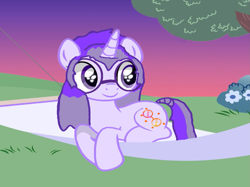 Size: 1701x1274 | Tagged: safe, artist:mellow91, imported from derpibooru, oc, oc only, oc:glass sight, pony, unicorn, cute, dusk, female, glasses, hammock, heart, heart eyes, horn, lying down, mare, ocbetes, prone, relaxing, smiling, solo, summer, unicorn oc, wingding eyes