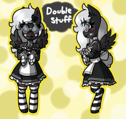 Size: 551x518 | Tagged: safe, artist:luna_mcboss, imported from derpibooru, oc, oc only, oc:double stuff, pegasus, semi-anthro, apron, bow, choker, clothes, eyelashes, feathered wings, female, glasses, gray coat, hair accessory, hair bow, hooves to the chest, legs together, maid, pegasus oc, simple background, socks, solo, standing, stockings, striped socks, stripes, thigh highs, white mane, wings, yellow background