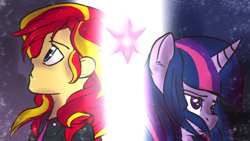 Size: 1280x720 | Tagged: safe, artist:arianalovesyou, imported from derpibooru, sunset shimmer, twilight sparkle, human, pony, equestria girls, back to back, bust, duo, duo female, element of magic, female, frown