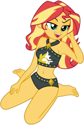 Size: 4672x6952 | Tagged: safe, artist:emeraldblast63, imported from derpibooru, sunset shimmer, human, equestria girls, equestria girls series, forgotten friendship, arm behind head, bare shoulders, barefoot, beach shorts swimsuit, bedroom eyes, belly button, bikini, breasts, clothes, feet, female, looking at you, midriff, open mouth, reasonably sized breasts, sexy, simple background, sleeveless, solo, stupid sexy sunset shimmer, sunset shimmer's beach shorts swimsuit, swimsuit, transparent background