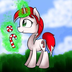 Size: 2000x2000 | Tagged: safe, artist:meotashie, imported from derpibooru, oc, oc only, oc:peppahmint, pony, unicorn, candy, candy cane, female, food, glowing, glowing horn, horn, magic, solo, telekinesis, unicorn oc