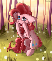 Size: 1500x1766 | Tagged: safe, artist:yuris, imported from derpibooru, pinkie pie, earth pony, pony, blue eyes, chest fluff, clearing, cute, dandelion, diapinkes, female, floppy ears, forest, grass, open mouth, smiling, solo, sunset