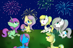 Size: 7000x4600 | Tagged: safe, artist:meotashie, imported from derpibooru, oc, oc only, alicorn, earth pony, pegasus, pony, unicorn, alicorn oc, earth pony oc, female, fireworks, horn, night, pegasus oc, unicorn oc, wings