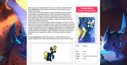 Size: 1586x815 | Tagged: safe, artist:lummh, artist:ternonadime, imported from derpibooru, oc, oc only, oc:celebration, pony, comic:the lost sun, magicorn, reference sheet, solo, solo focus, text, wiki