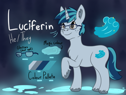 Size: 1024x768 | Tagged: safe, artist:yaboygene, imported from derpibooru, oc, oc only, oc:luciferin, pony, unicorn, bioluminescent, reference sheet, simple background