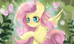 Size: 2000x1200 | Tagged: safe, artist:phoenixfox96, imported from derpibooru, fluttershy, butterfly, pegasus, pony, blushing, bust, butterfly on hoof, colored eyebrows, crepuscular rays, cute, ear fluff, female, forest, half body, heart, heart eyes, looking at something, mare, outdoors, raised hoof, shyabetes, smiling, solo, spread wings, three quarter view, tree, wingding eyes, wings