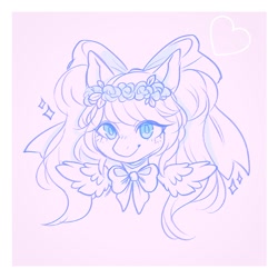 Size: 1400x1400 | Tagged: safe, artist:cargorabbit, imported from derpibooru, oc, oc only, oc:mikuma dots, pegasus, pony, bow, bust, female, floral head wreath, flower, hair bow, heart, mare, monochrome, pigtails, portrait, simple background, solo, twintails