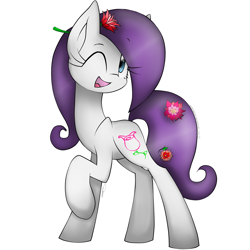 Size: 2300x2300 | Tagged: safe, artist:meotashie, imported from derpibooru, oc, oc only, earth pony, pony, earth pony oc, female, flower, flower in hair, one eye closed, open mouth, raised hoof, simple background, solo, white background, wink