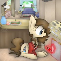 Size: 2300x2300 | Tagged: safe, artist:meotashie, imported from derpibooru, oc, oc only, earth pony, mouse, pony, carrot, couch, earth pony oc, female, food, kitchen, magic, oven, sandwich, solo, tree, window