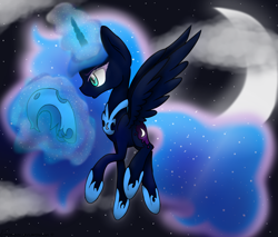 Size: 2000x1700 | Tagged: safe, artist:meotashie, imported from derpibooru, nightmare moon, alicorn, pony, crescent moon, female, glowing, glowing horn, horn, magic, moon, solo, telekinesis