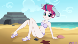 Size: 3832x2152 | Tagged: safe, artist:unichan, imported from derpibooru, zipp storm, human, starfish, equestria girls, armpits, beach, bedroom eyes, belly button, bikini, bikini bottom, bikini top, clothes, commission, equestria girls-ified, eyebrows, eyeshadow, feet, female, g5, g5 to equestria girls, generation leap, hat, high res, looking at you, makeup, ocean, purple bikini, purple swimsuit, rock, sand, sandals, signature, sitting, smiling, smiling at you, solo, sun hat, swimsuit, water, ych result