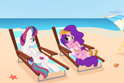 Size: 3000x2000 | Tagged: safe, artist:unichan, imported from derpibooru, pipp petals, zipp storm, pegasus, pony, starfish, beach, beach chair, beach umbrella, butt, chair, commission, duo, female, g5, lying down, mare, markings, ocean, on back, plot, royal sisters (g5), sand, seashell, siblings, sisters, underhoof, unshorn fetlocks, water, ych result