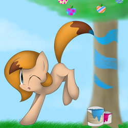 Size: 2300x2300 | Tagged: safe, artist:meotashie, imported from derpibooru, oc, oc only, oc:brushelle, earth pony, pony, apple, apple tree, bucking, earth pony oc, female, food, one eye closed, paint, paint can, solo, tree, wink