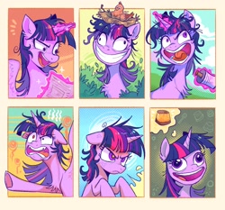 Size: 2048x1905 | Tagged: safe, artist:千雲九枭, imported from derpibooru, twilight sparkle, alicorn, bird, pony, unicorn, a trivial pursuit, best gift ever, lesson zero, starlight the hypnotist, spoiler:interseason shorts, chest fluff, dishevelled, ears back, faic, female, floppy ears, grin, insanity, mare, messy mane, nest, open mouth, pudding face, scroll, smiling, solo, twilight snapple, twilight sparkle (alicorn), twilighting, twilynanas, unamused, unicorn twilight