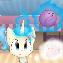 Size: 2300x2300 | Tagged: safe, artist:meotashie, imported from derpibooru, allie way, pony, unicorn, bowling ball, bowling pin, female, glowing, glowing horn, horn, magic, solo, telekinesis