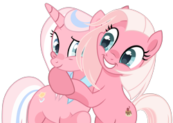 Size: 3282x2334 | Tagged: safe, artist:kreedie, imported from derpibooru, clear sky, fuchsia frost, earth pony, pony, unicorn, the summer sun setback, bipedal, duo, duo female, female, friendship student, grin, high res, hug, mare, simple background, smiling, transparent background