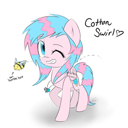 Size: 2300x2300 | Tagged: safe, artist:meotashie, imported from derpibooru, oc, oc only, oc:cotton swirl, bee, insect, pegasus, pony, grin, one eye closed, pegasus oc, pet, simple background, smiling, solo, white background, wink