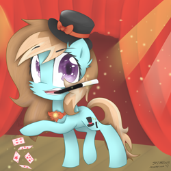 Size: 2300x2300 | Tagged: safe, artist:meotashie, imported from derpibooru, oc, oc only, earth pony, pony, card, earth pony oc, female, magician, solo