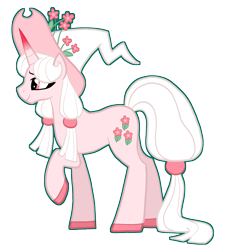 Size: 2143x2383 | Tagged: safe, artist:queertrixie, imported from derpibooru, oc, oc only, oc:enchanted marguerite, unicorn, colored hooves, hair tie, hat, hooves, outline, pigtails, raised hoof, simple background, solo, transparent background, witch hat