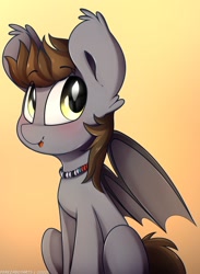 Size: 1501x2048 | Tagged: safe, artist:perezadotarts, imported from derpibooru, oc, oc:devin, bat pony, pony, bat pony oc, bat wings, blushing, cute, cute little fangs, fangs, happy, jewelry, looking at you, male, necklace, ocbetes, simple background, sitting, smiling, stallion, weapons-grade cute, wings, yellow eyes