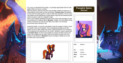 Size: 1586x815 | Tagged: safe, artist:lummh, artist:ternonadime, imported from derpibooru, oc, oc only, oc:pumpkin spice, pony, comic:the lost sun, magicorn, reference sheet, solo, solo focus, text, wiki