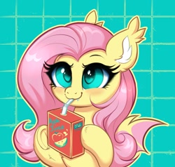 Size: 2263x2156 | Tagged: safe, artist:confetticakez, imported from derpibooru, fluttershy, bat pony, pony, :3, apple juice, bat ponified, blushing, chest fluff, cute, cute little fangs, drinking straw, fangs, flutterbat, flutterjuice, happy, juice, juice box, race swap, shyabates, shyabetes, smiling, solo, spread wings, underhoof, wings