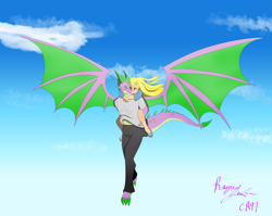 Size: 17184x13664 | Tagged: safe, artist:lullabyjak, imported from derpibooru, spike, oc, oc:rachel, anthro, dragon, human, clothes, cloud, flying, human oc, piggyback ride