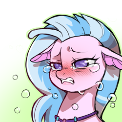 Size: 1159x1159 | Tagged: safe, artist:cold-blooded-twilight, imported from derpibooru, silverstream, hippogriff, seapony (g4), blue mane, blushing, bubble, crying, digital art, female, jewelry, necklace, purple eyes, sad, seapony silverstream, simple background, solo, teeth, transparent background, underwater, water