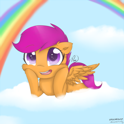 Size: 2300x2300 | Tagged: safe, artist:meotashie, imported from derpibooru, scootaloo, pegasus, pony, cloud, cute, cutealoo, female, rainbow, solo