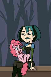 Size: 1048x1583 | Tagged: source needed, safe, artist:happy harvey, imported from derpibooru, pinkie pie, earth pony, human, pony, boots, choker, clothes, colored pupils, crossover, ear piercing, female, goth, gwen (total drama), happy, leggings, looking at each other, looking at someone, mare, missing cutie mark, open mouth, phone drawing, piercing, shoes, sitting, sitting on lap, sitting on person, skirt, total drama, total drama island, tree, unamused